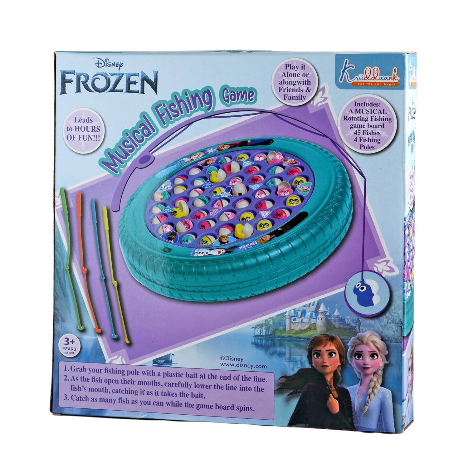 Frozen musical fishing game for ages 3 and up with colorful fishing poles and fun characters