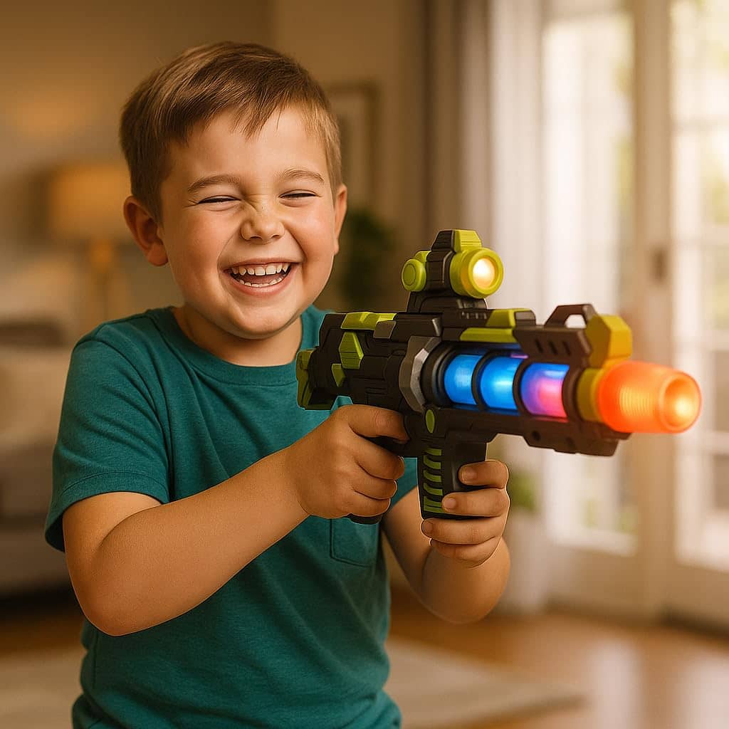 Colorful toy gun for kids with lights, designed for ages 5 and up