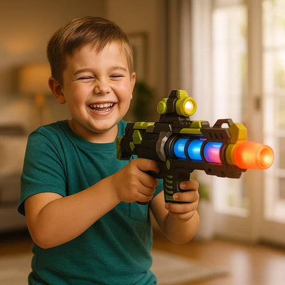 Colorful toy gun for kids with lights, designed for ages 5 and up