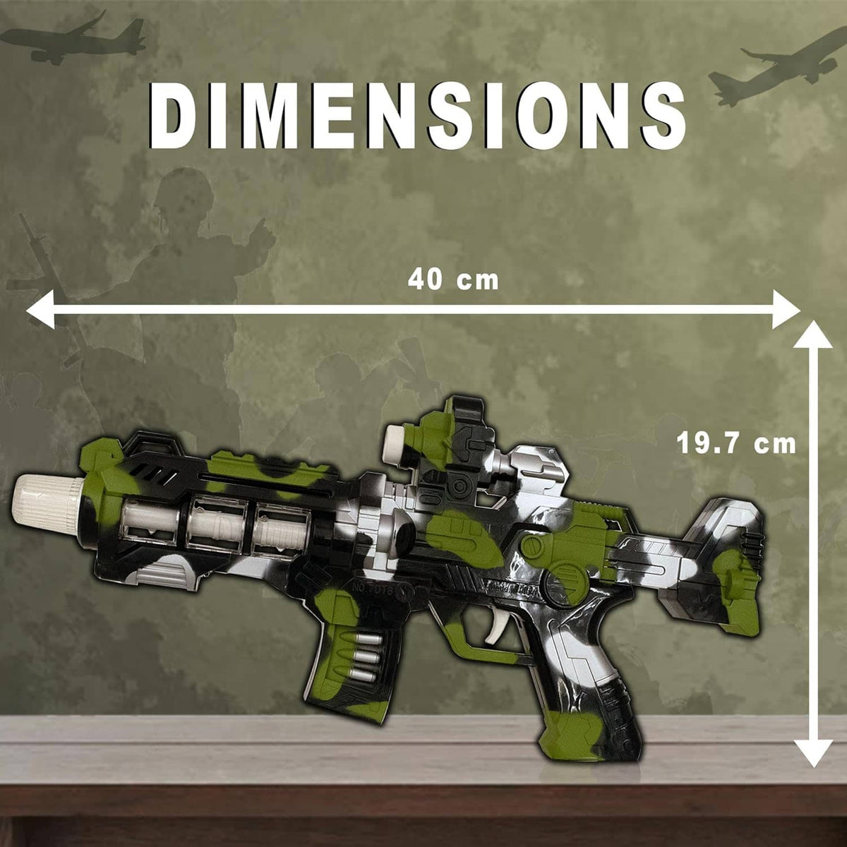 Black and green toy gun for kids aged 5 years and up, featuring realistic sounds and motion