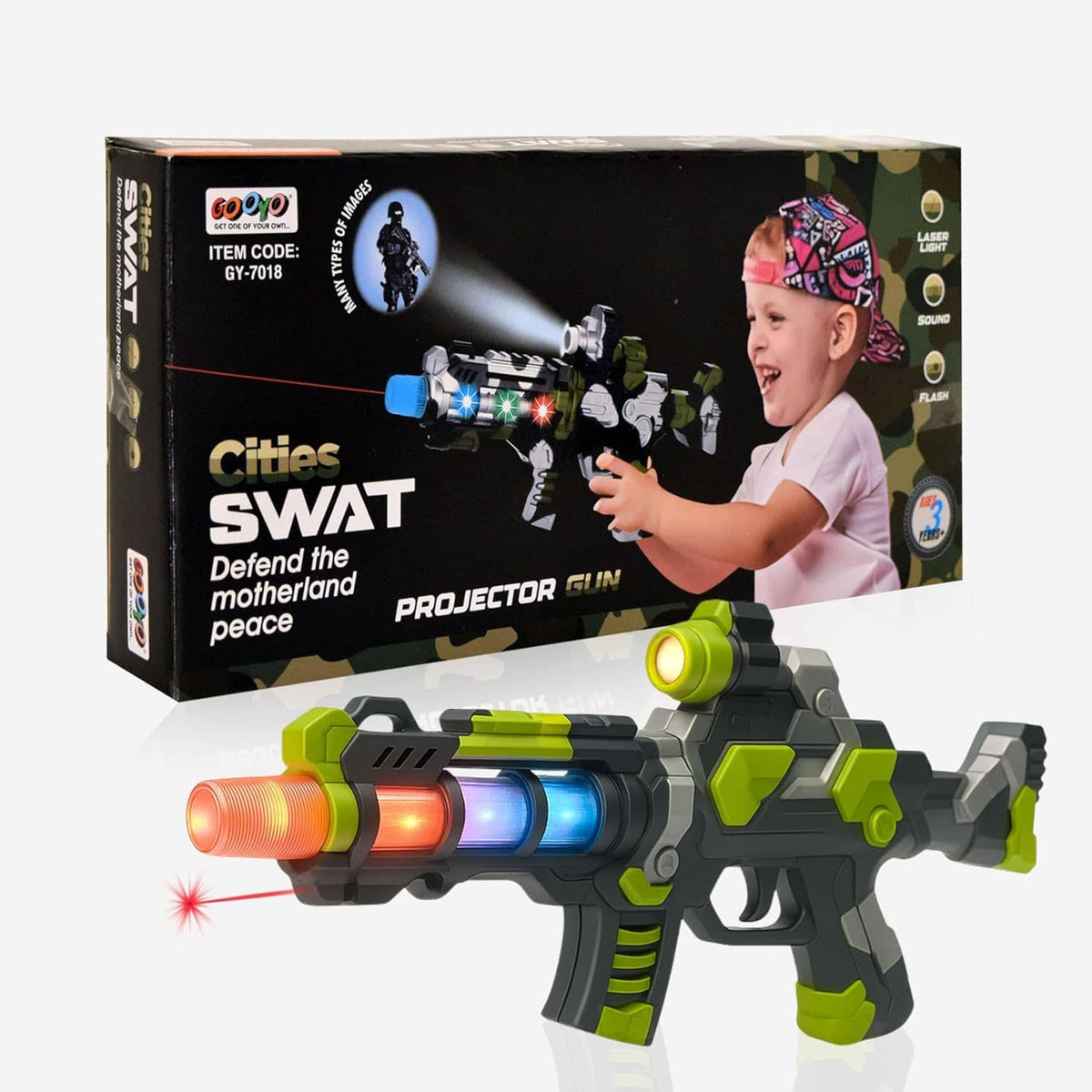 Multicolor toy gun with lights and projectors, ideal for kids aged 4-8 years
