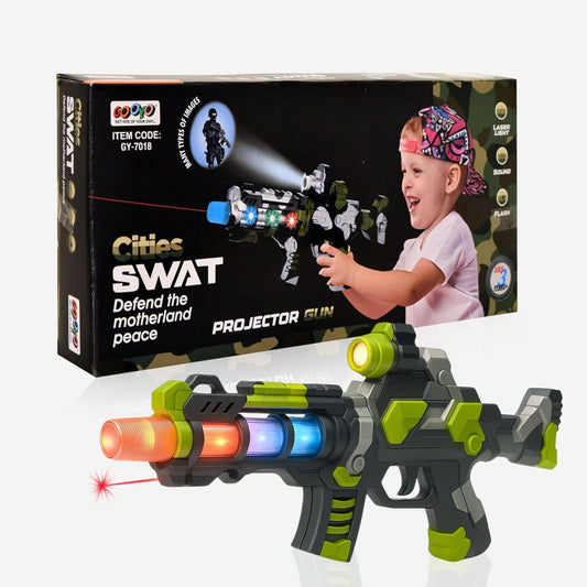 Multicolor toy gun with lights and projectors, ideal for kids aged 4-8 years