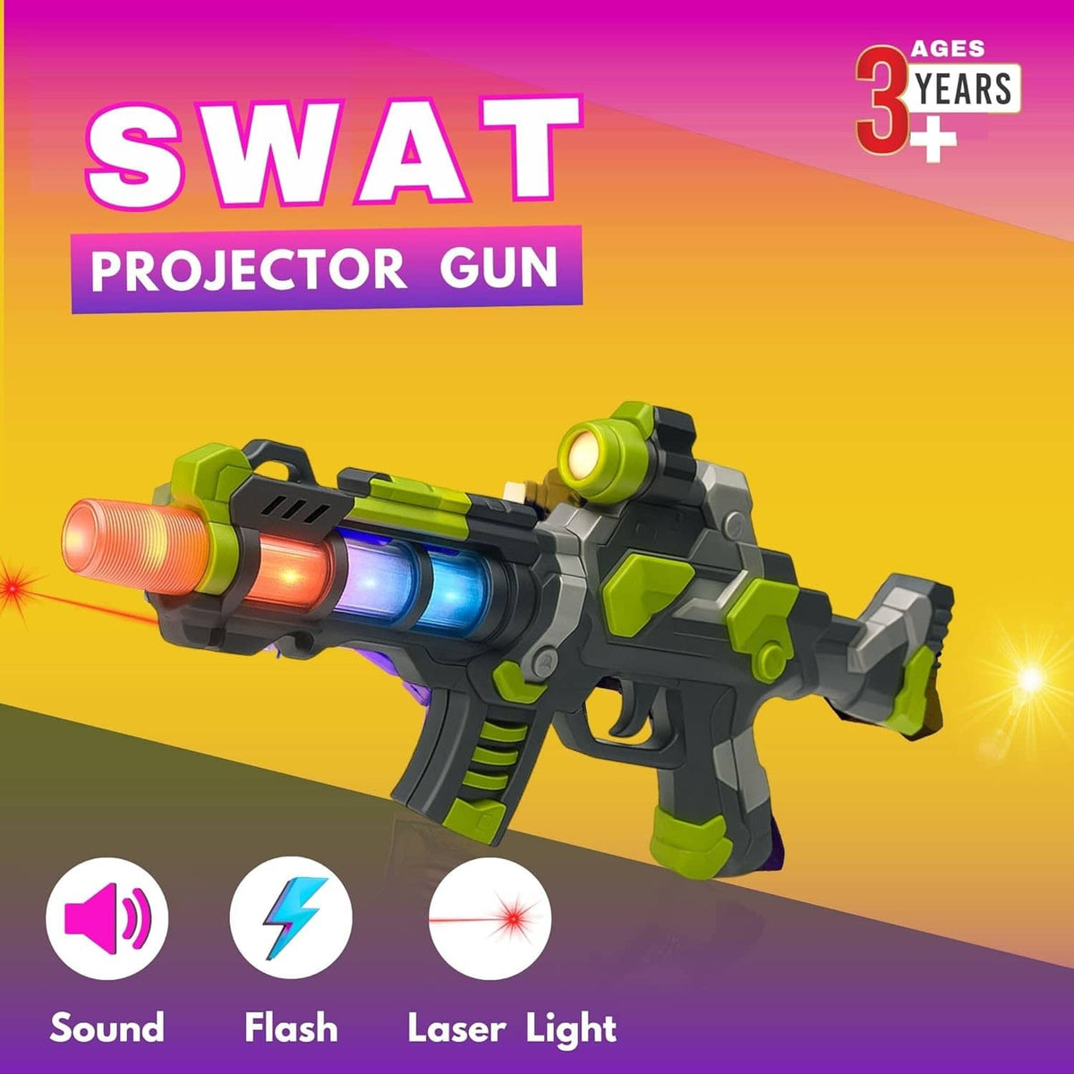 Colorful SWAT toy gun with sound, flash, and laser light for ages 3 and up