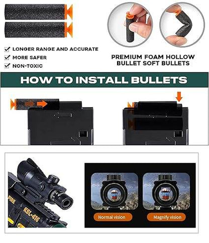 Black toy gun with foam bullets, suitable for ages 5 and up, featuring longer range and accurate shooting
