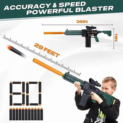 36-inch green toy gun blaster with orange barrel for kids aged 5 and up, shoots darts up to 29 feet