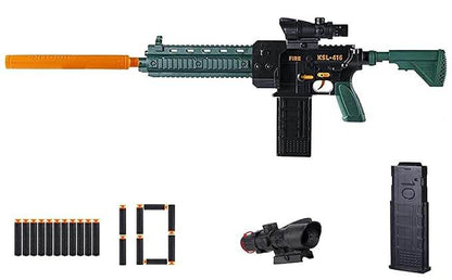 T-Rex toy gun in green with orange tips and accessories for ages 6 and up