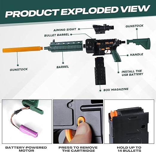 Battery-powered green toy gun with aiming sight and removable cartridge for ages 6 and up
