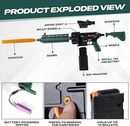 Battery-powered green toy gun with aiming sight and removable cartridge for ages 6 and up