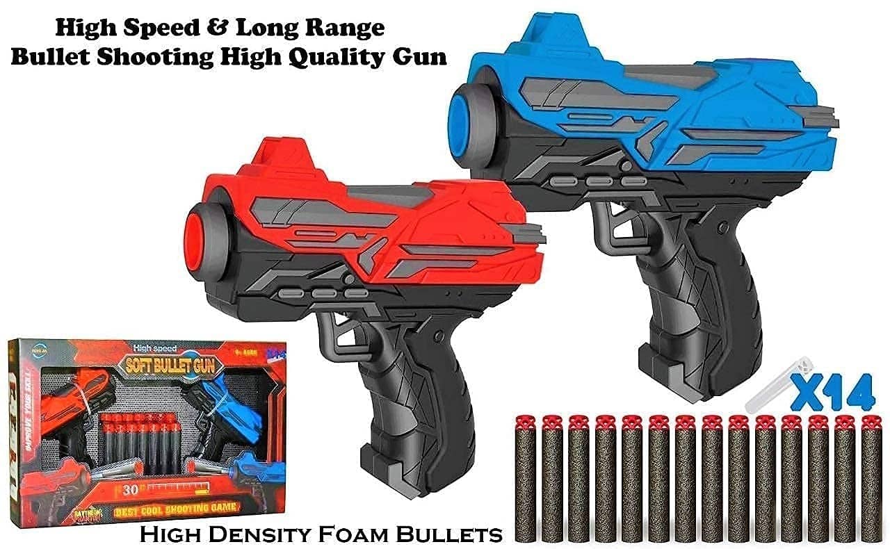 Red and blue toy guns for ages 6 and up with high speed, long range, and foam bullets included