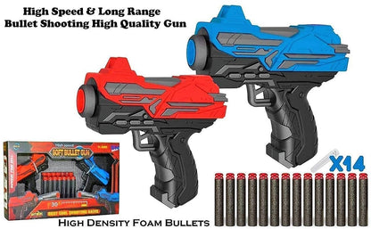 Red and blue toy guns for ages 6 and up with high speed, long range, and foam bullets included