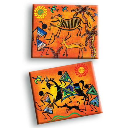 Vibrant warli painting art featuring colorful tribal scenes on orange backgrounds