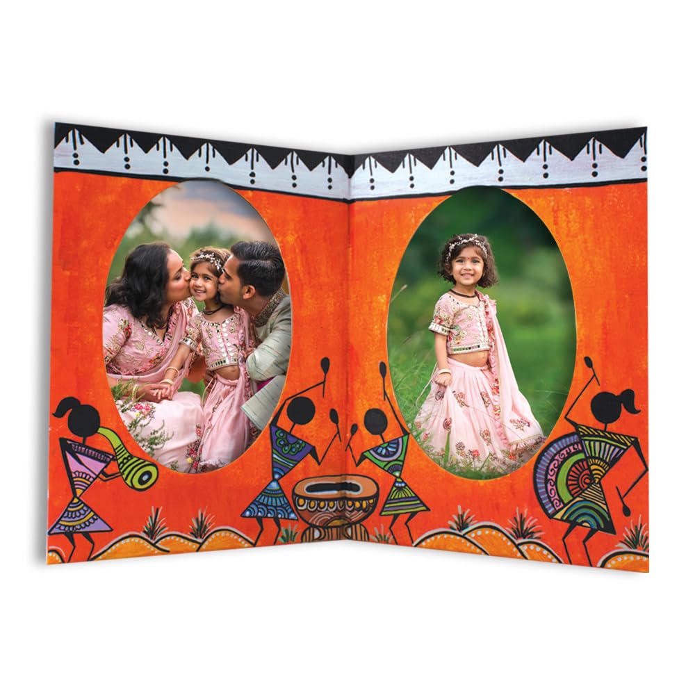 Warli painting art photo frame in vibrant orange for displaying family pictures