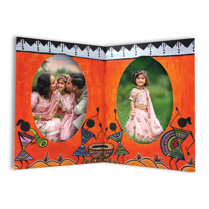Warli painting art photo frame in vibrant orange for displaying family pictures