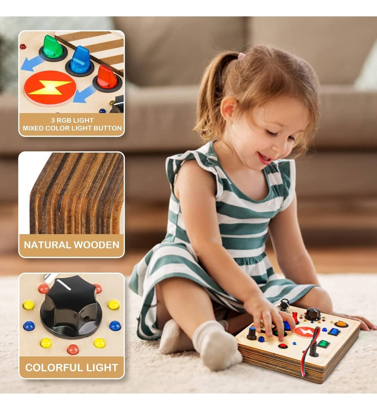 Colorful wooden toy Montessori for toddlers featuring RGB light buttons for interactive play