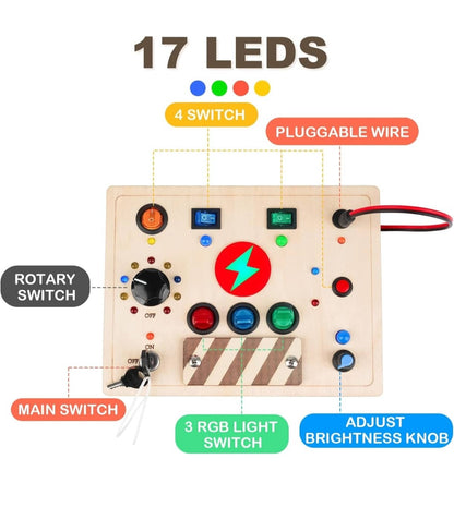 Montessori toy control panel with 17 LEDs and interactive switches for educational fun