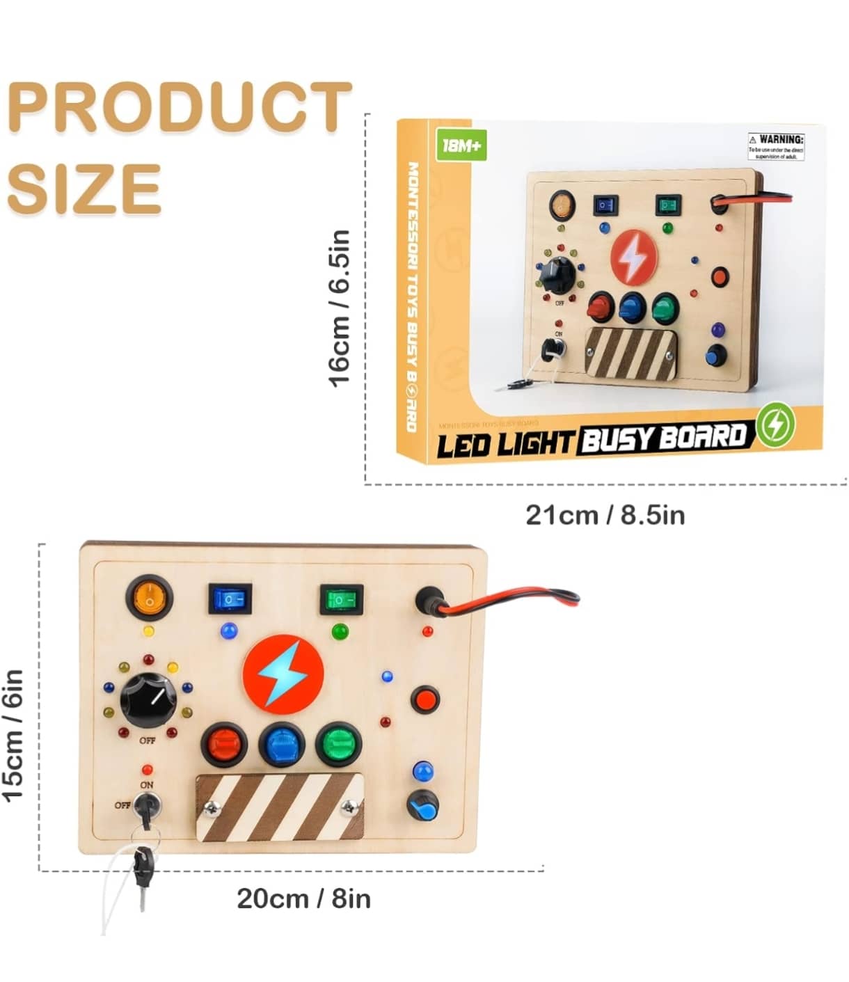 Wooden LED Light Busy Board for toddlers with interactive buttons, suitable for 18 months and up