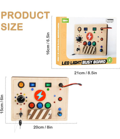 Wooden LED Light Busy Board for toddlers with interactive buttons, suitable for 18 months and up