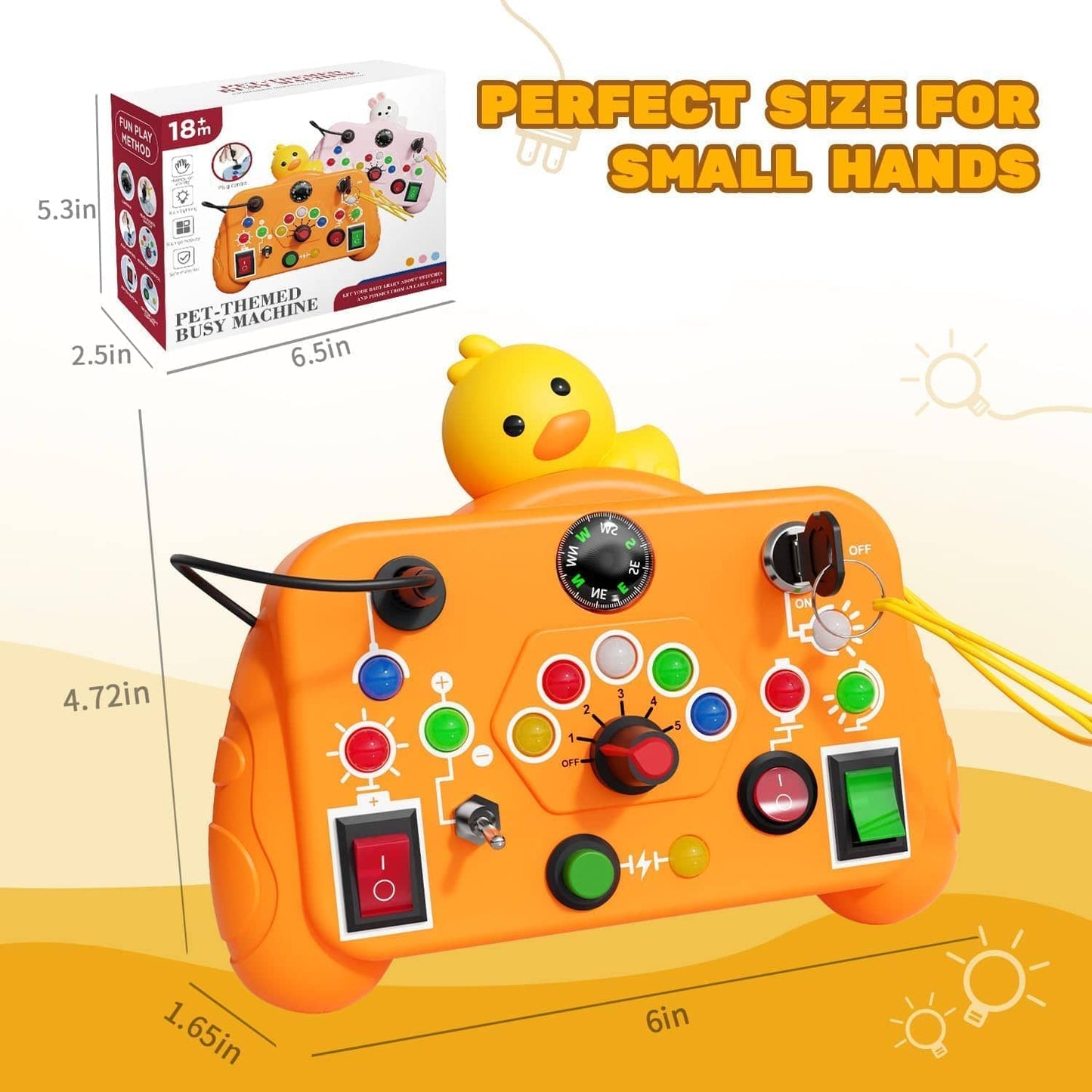 Orange pet-themed busy machine toy for toddlers, designed for small hands, ideal for ages 18 months and up