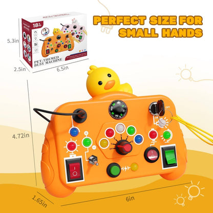 Orange pet-themed busy machine toy for toddlers, designed for small hands, ideal for ages 18 months and up