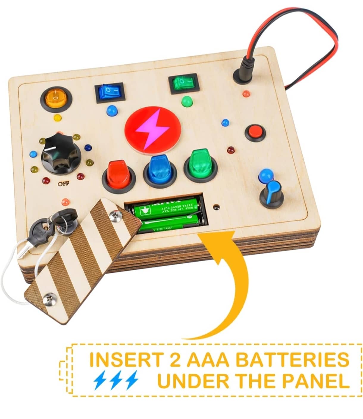 Wooden toy Montessori control panel with buttons and switches for children 3-6 years