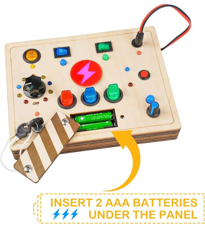 Wooden toy Montessori control panel with buttons and switches for children 3-6 years