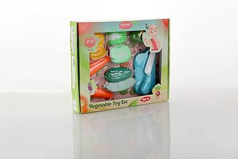 Colorful toy play kitchen set with various vegetable pieces for kids aged 3-5 years