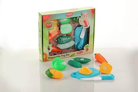 Colorful toy play kitchen set with vegetables and knife for ages 2 and up