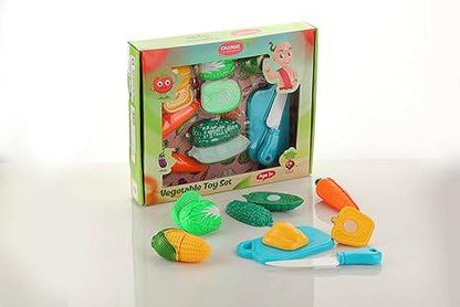 Colorful toy play kitchen set with vegetables and knife for ages 2 and up