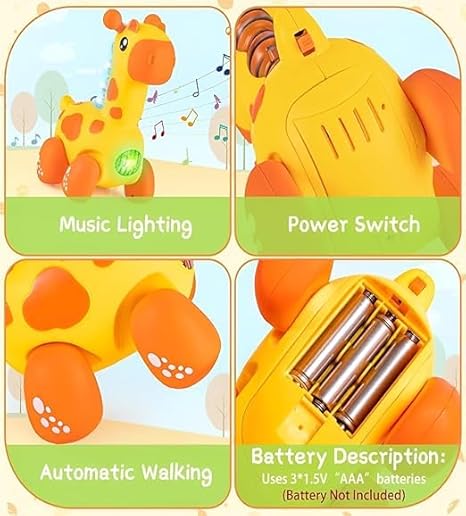 Yellow toy giraffe from Toy R Us with music, lights, and automatic walking feature for toddlers