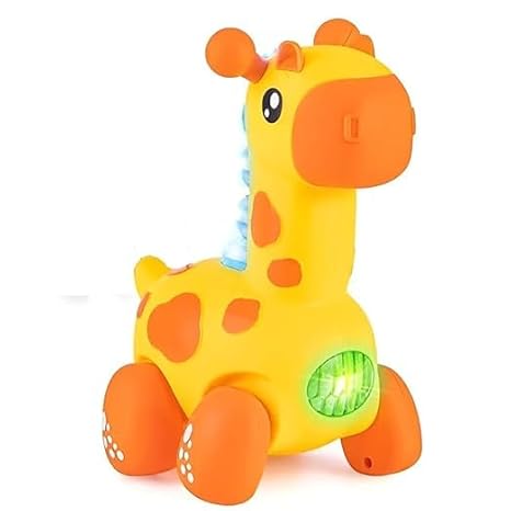 Yellow toy giraffe with lights and wheels for toddlers, a fun toy for ages 1-3 years from Toy R Us