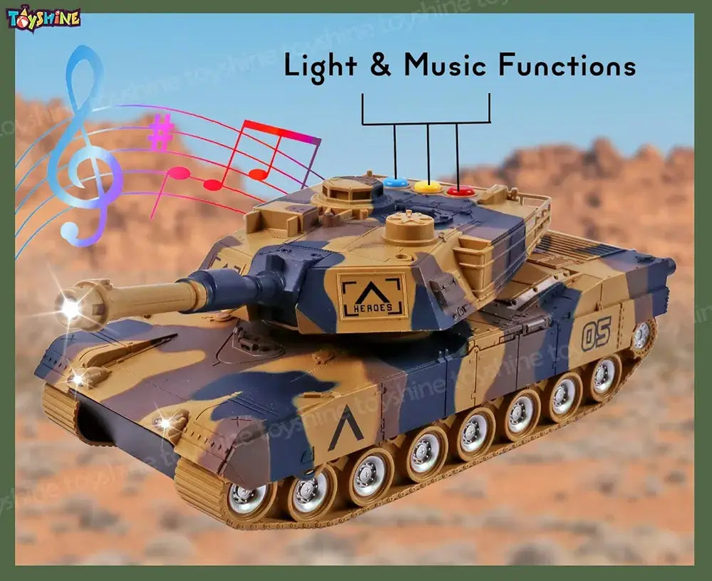 Camo toy tank with light and music functions for ages 3 and up, ideal for imaginative play.