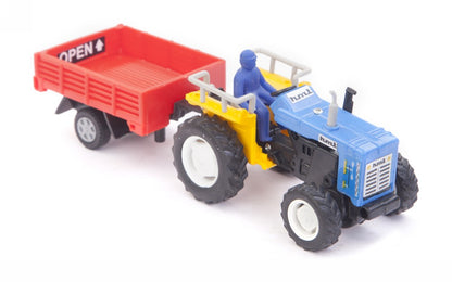 Centy toy tractor with blue body and red trailer for ages 3 and up, featuring a pull back action