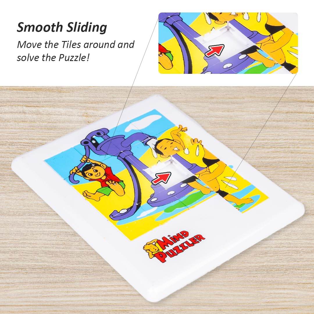 Mind puzzle toy for kids featuring sliding tile game with colorful cartoon characters on white board