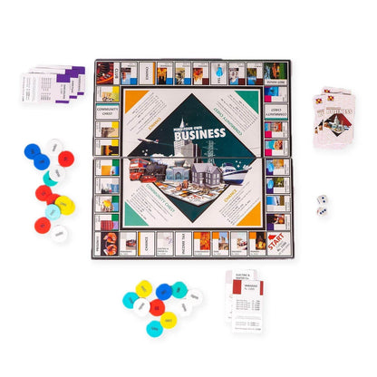 Mind Your Own Business board game with colorful chips, property cards, dice, and game money pieces