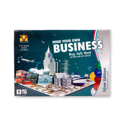 Mind Your Own Business board game Silver Edition with city buildings and vehicles on the game board