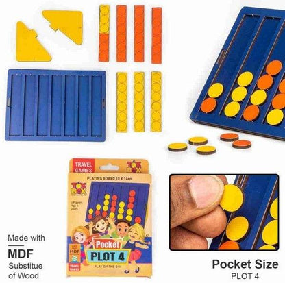 Pocket Plot 4 game travel set with colorful yellow and orange tokens and blue playing board by T-Rex the toyland Sitamarhi