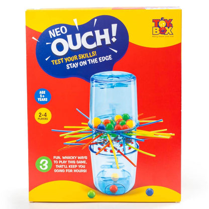 Toysbox Neo Ouch skill game with colorful sticks and balls in a blue transparent container