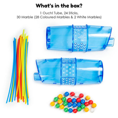 Toysbox Neo Ouch skill game with 1 blue Ouch tube, 24 colorful sticks, and 30 marbles in assorted colors
