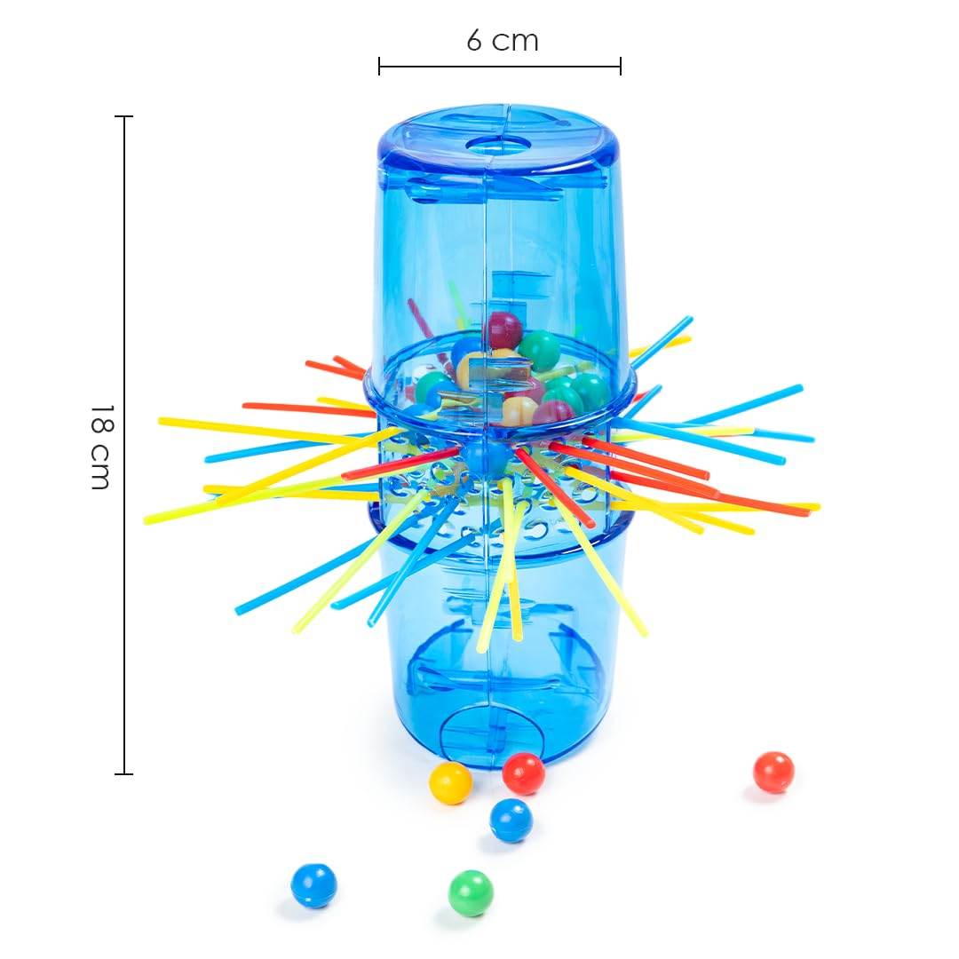 Toysbox Neo Ouch skill game with colorful sticks and balls in a blue transparent plastic cylinder