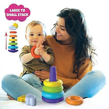ToyMagic Rainbow Rocking Ring Stacker Game|5 Ring Multicolored Sorting Tower Game|Learning Game for Infants & Toddlers Kids|Educational Interactive Baby Toy|Best Birthday & Return Gift|Made in India - T-Rex the toyland Sitamarhi