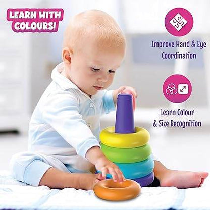ToyMagic Rainbow Rocking Ring Stacker Game|5 Ring Multicolored Sorting Tower Game|Learning Game for Infants & Toddlers Kids|Educational Interactive Baby Toy|Best Birthday & Return Gift|Made in India - T-Rex the toyland Sitamarhi