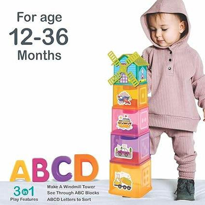 Toymate Windmill Stacking Blocks and Cube with ABCD Shape sorter for Activity & Learning Toy for Babies | Nesting Toy for Infants & Preschoolers for Age 12 Months & Above - T-Rex the toyland Sitamarhi
