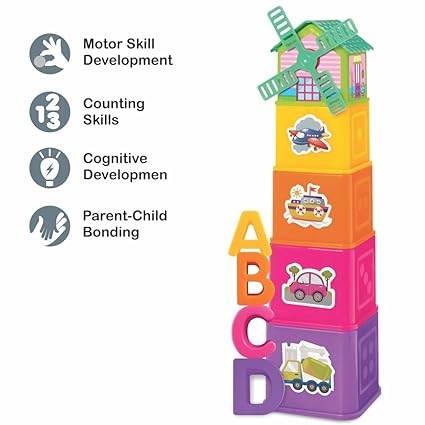Toymate Windmill Stacking Blocks and Cube with ABCD Shape sorter for Activity & Learning Toy for Babies | Nesting Toy for Infants & Preschoolers for Age 12 Months & Above - T-Rex the toyland Sitamarhi