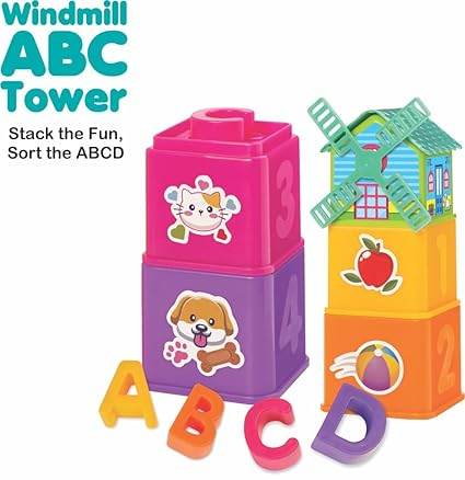 Toymate Windmill Stacking Blocks and Cube with ABCD Shape sorter for Activity & Learning Toy for Babies | Nesting Toy for Infants & Preschoolers for Age 12 Months & Above - T-Rex the toyland Sitamarhi