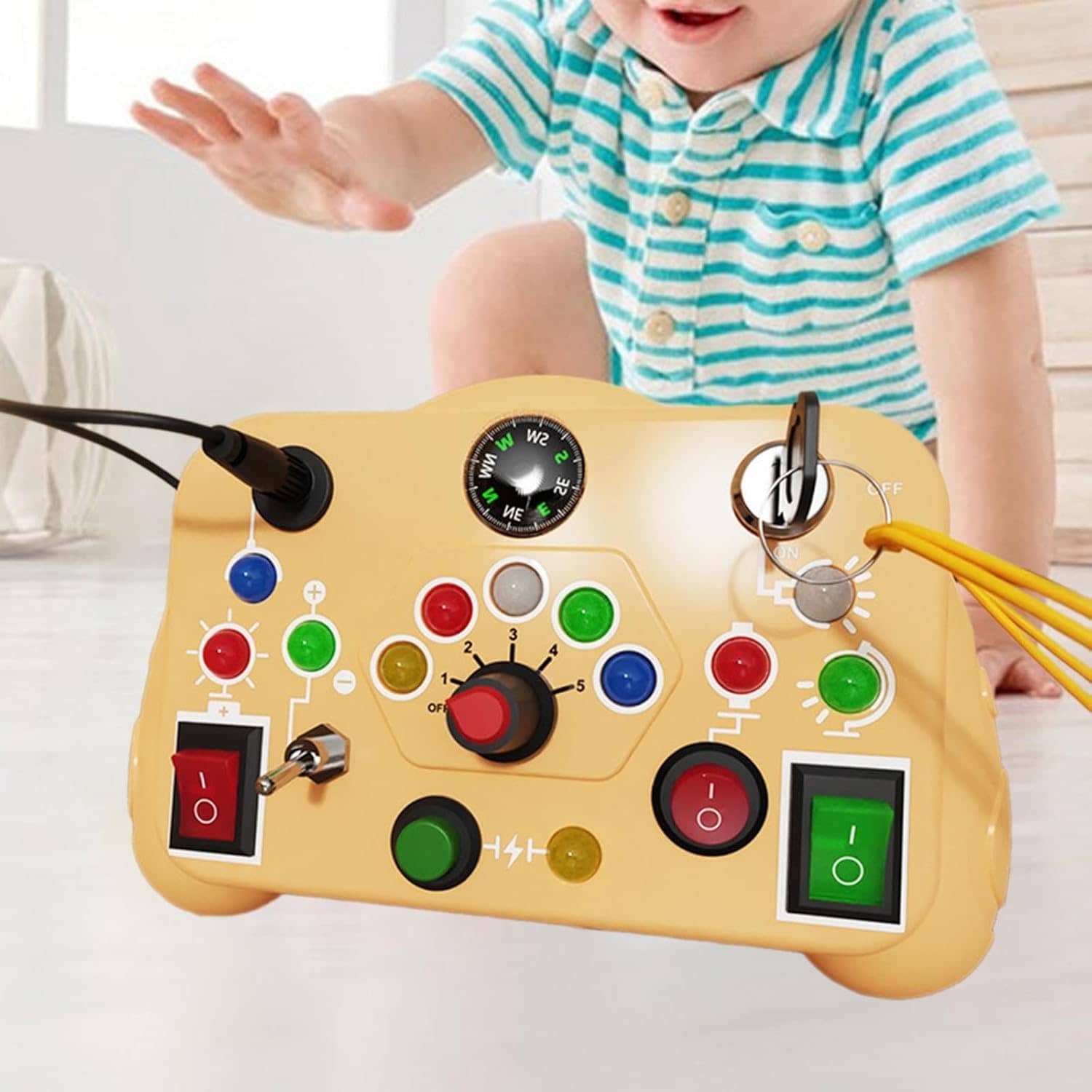 Interactive montessori toys in beige for toddlers, featuring colorful buttons and wires for sensory play