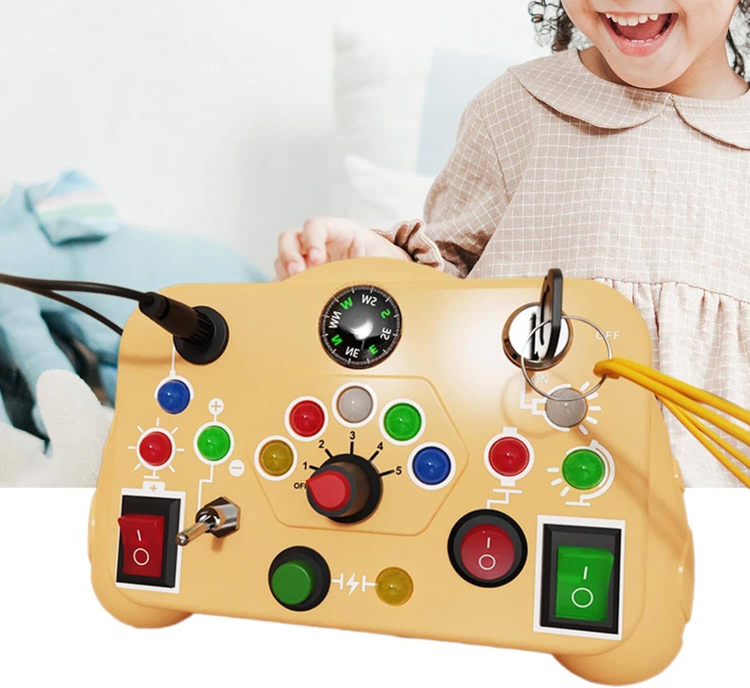 Interactive yellow Montessori toy with buttons and knobs for 3-6 years old children