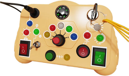 Yellow Montessori toy control panel with buttons and dials for preschoolers