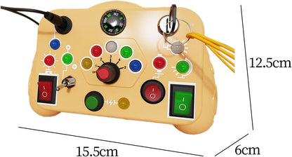 Colorful Montessori toy control panel for kids featuring buttons and dials for sensory play
