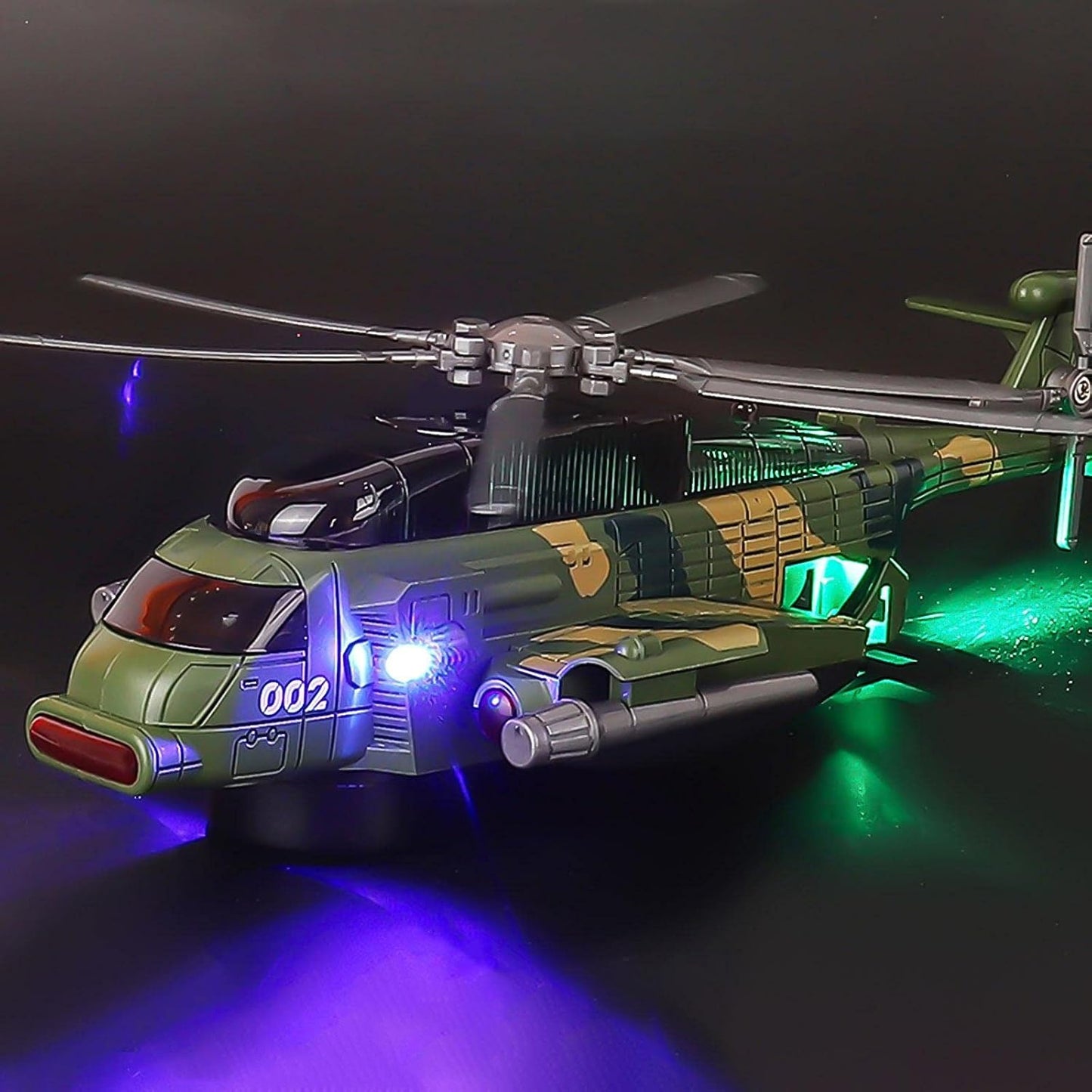 Green toy helicopter with lights and sound for kids, perfect for imaginative play and adventures