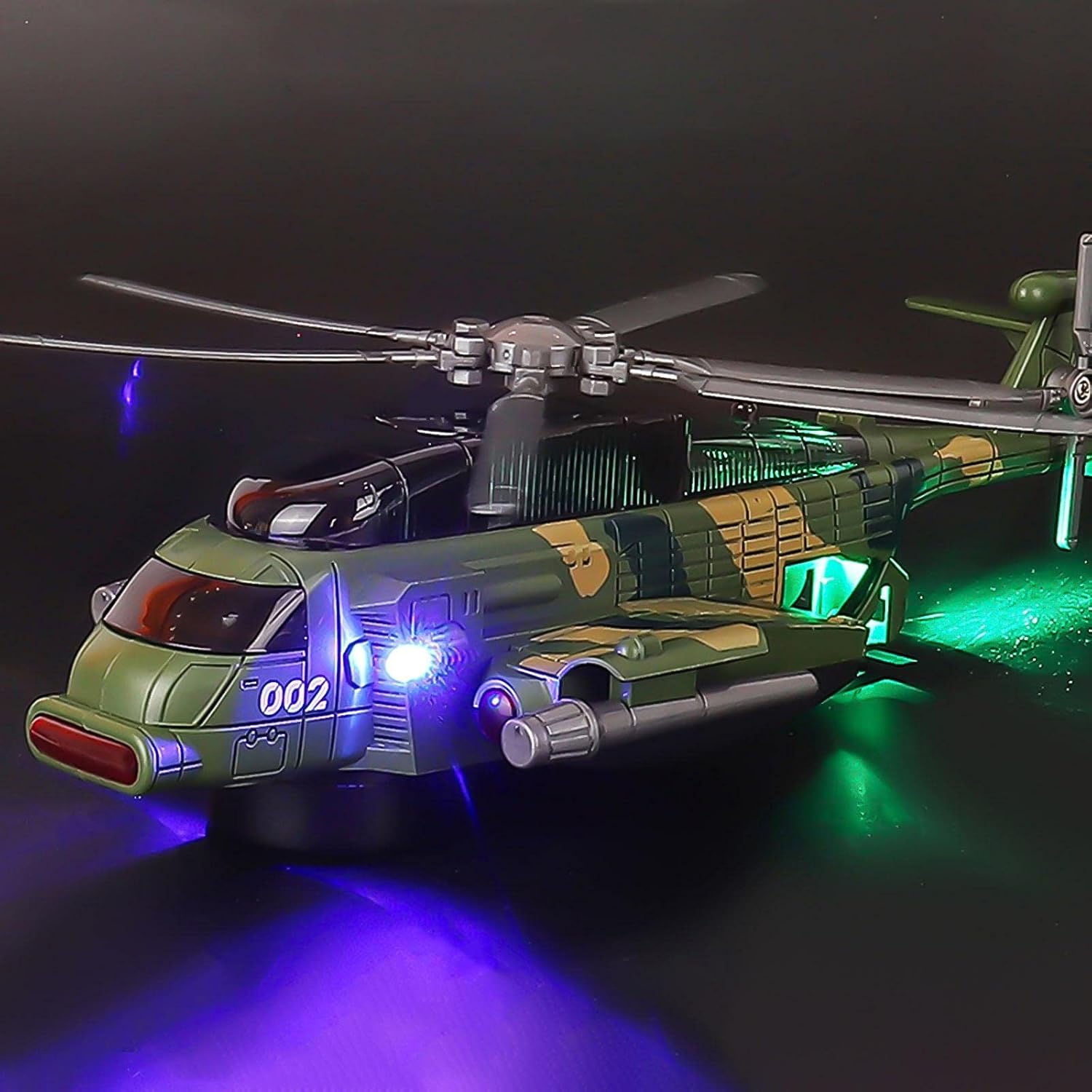 Green toy helicopter with lights and sound for kids, perfect for imaginative play and adventures